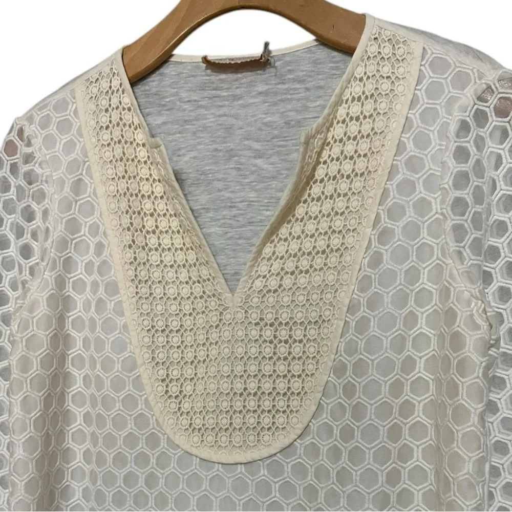 Tory Burch Women’s Size S Cream Ivory Tali Honeycomb Lace Long Sleeve Top